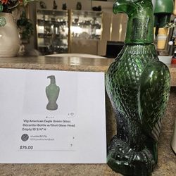 Vintage American Eagle Green Glass Decanter W/Shot Glass Head 
