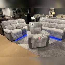 Two - Tone Design Manual 3 Piece Reclining Set With LED  On Bottom And  USB Port  ( Sofa +Loveseat + Recliner  )