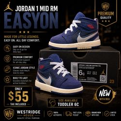 Nike Air Jordan 1 Mid SE EasyOn (TD) – Midnight Navy/Atmosphere Grey – Toddler Size 6C – New in Box