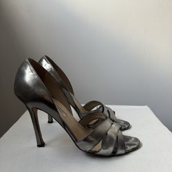 Manolo Blahnik Silver Open Toe Heel Sandals 8.5 Ret $375