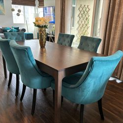Wooden Dining Table With Teal Velvet 6 Chairs