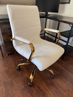 White Leather Office Chair with Gold Frame