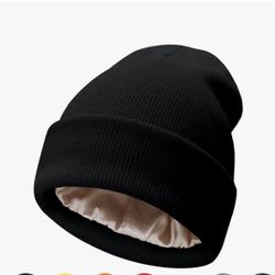 New PFFY Satin Lined Beanie Women Silk Lining Soft Winter Hats Reduce Frizz Knit