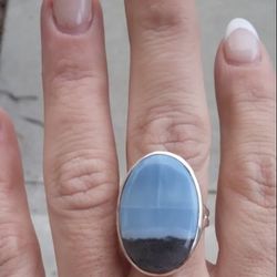 Handmade Natural Blue Opal Sterling Silver Adjustable Ring