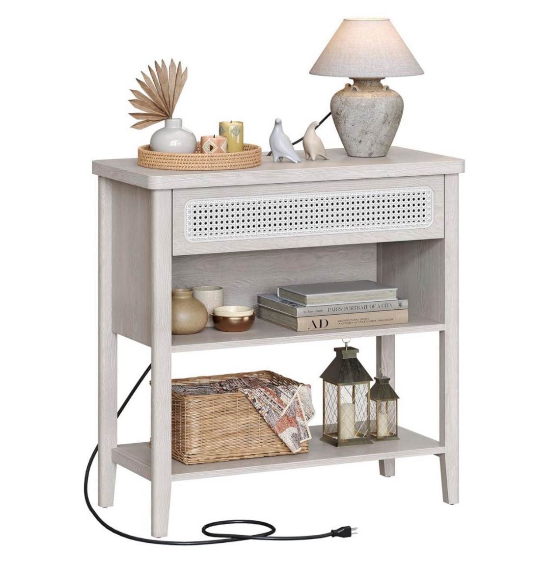 Console Table with Power Outlets, Entryway Table with Storage Shelf, Sofa Table with Drawer, Open Compartment, Rounded Corners, for Living
