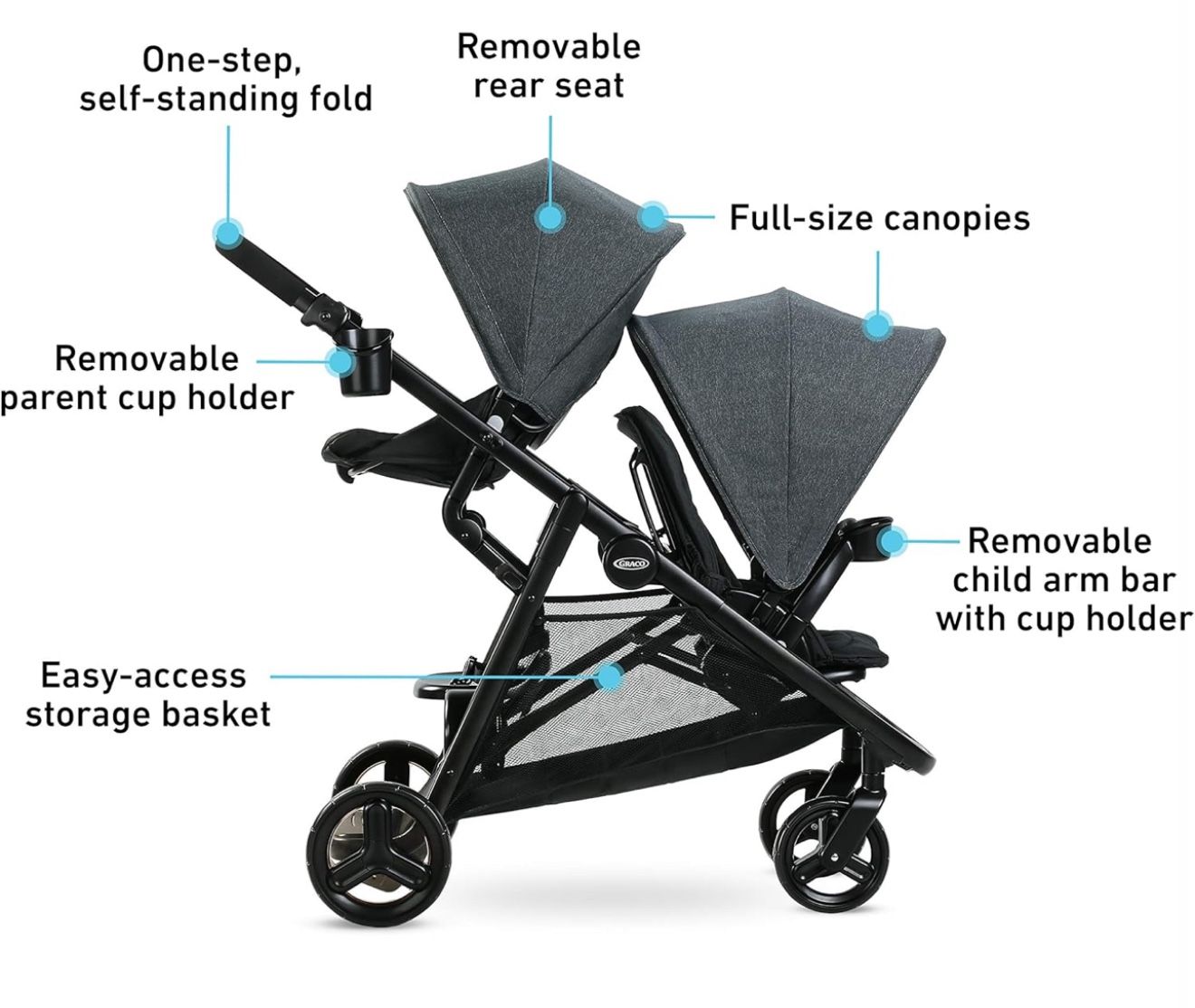 El cochecito doble Graco Ready2Grow 2.0 cuenta con opciones de asiento tipo banco y plataforma de pie, Rafa $80 R.A.009 DACRILLC 