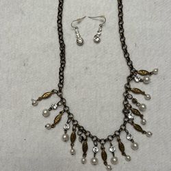 Faux Pearl N Brass Charm Necklace With Earrings 