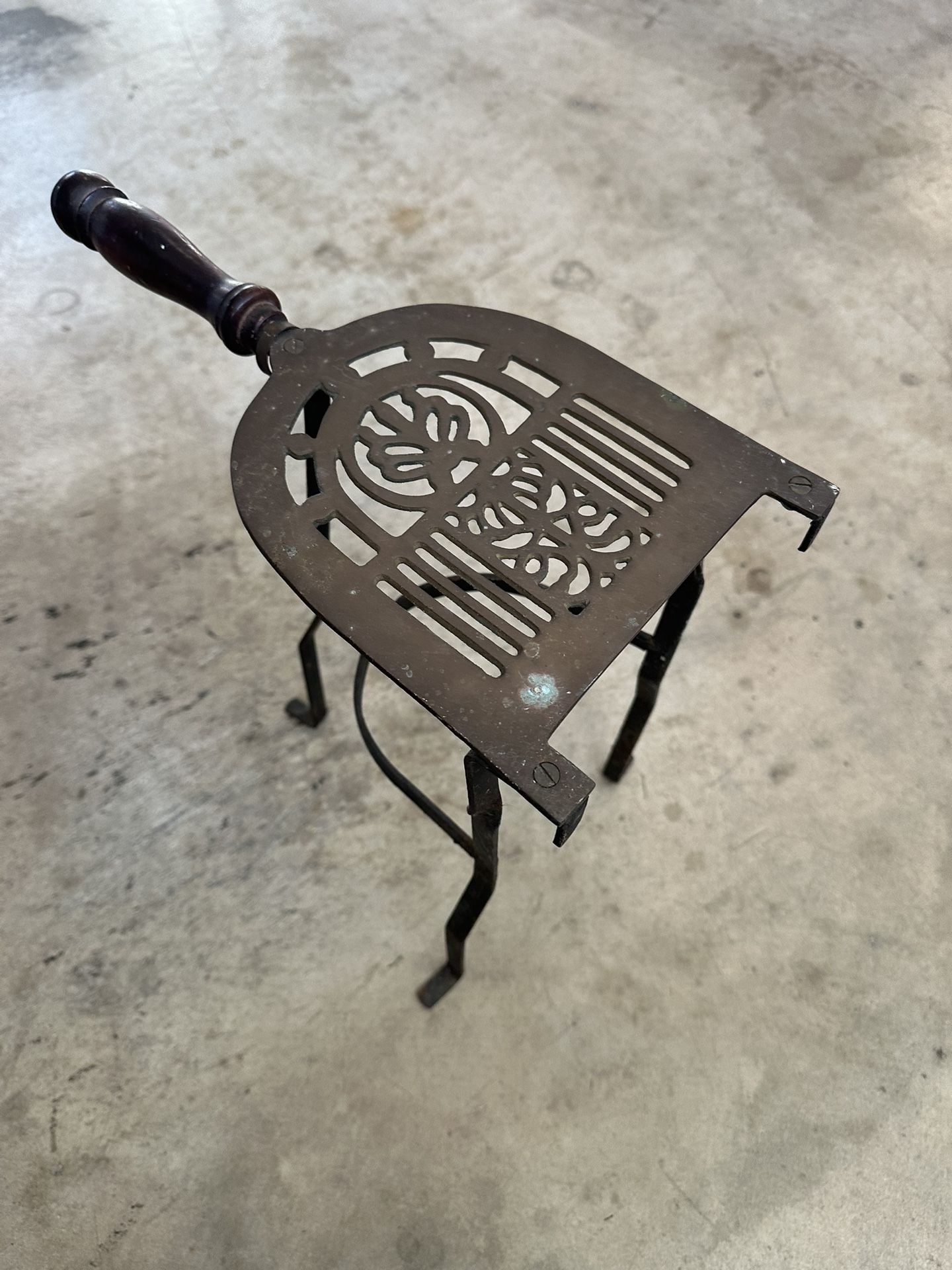 Antique Fireplace Trivet, Kettle Stand, Solid Brass & Wrought Iron, Penny Foot, 12"