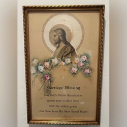 Framed JESUS CHRIST Original Vintage Fine Art Print Antique Marriage Collectible Religion Sacred Heart Benediction Christian Christianity Icon