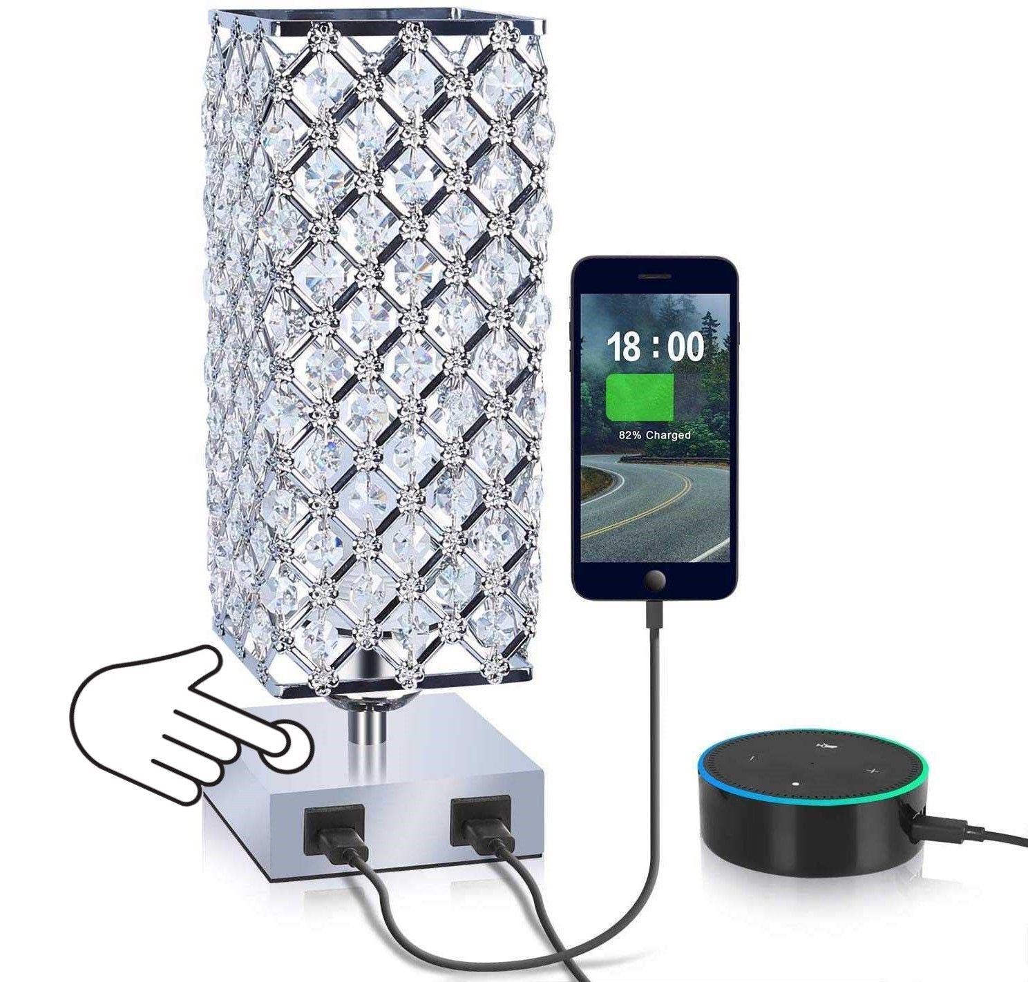MBL Silver Square Crystal Lamp with 2 USB Charging Ports