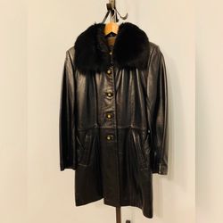 Women’s Leather Jacket With Fur Collar, Size: Large