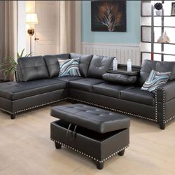 Black Leather Sectional Sofa Couch With Storage Ottoman And Pillows 