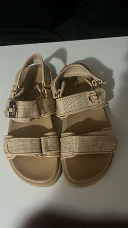 Beige Platform Sandals with Gold Buckles