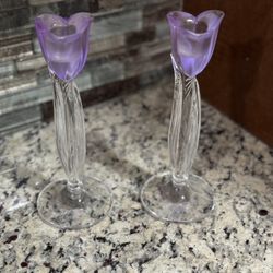 Two Vintage MIKASA 8” LEAD CRYSTAL Spring Aria" Purple Tulip Candle Holders  Rare & Hard To Find (New)   Location new port Richey 
