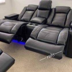 Ashley Living Room Black Faux Leather Party Time Power Reclining Sofa| 39$ Down Payment - Discount Available 