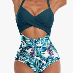  Women's One Piece Swimsuit Cutout High Waisted Bathing Suit Wrap Tie Back 1 Piece Swimsuit