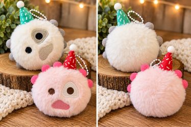 2 Cute Fluffy Monster Plush Keychains – Pink & Cream Party Hat Bag Charms
