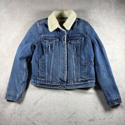 Levis Premium Big E Sherpa Women’s Blue Denim Trucker Jacket Cropped