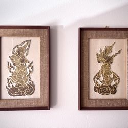 Authentic Set Of 2 3D Buddhist Charcoal Rubbing Thai Temple on Rice Paper Framed