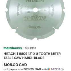 HITACHI | 18109 12" X 8 TOOTH MITER TABLE SAW HARDI-BLADE