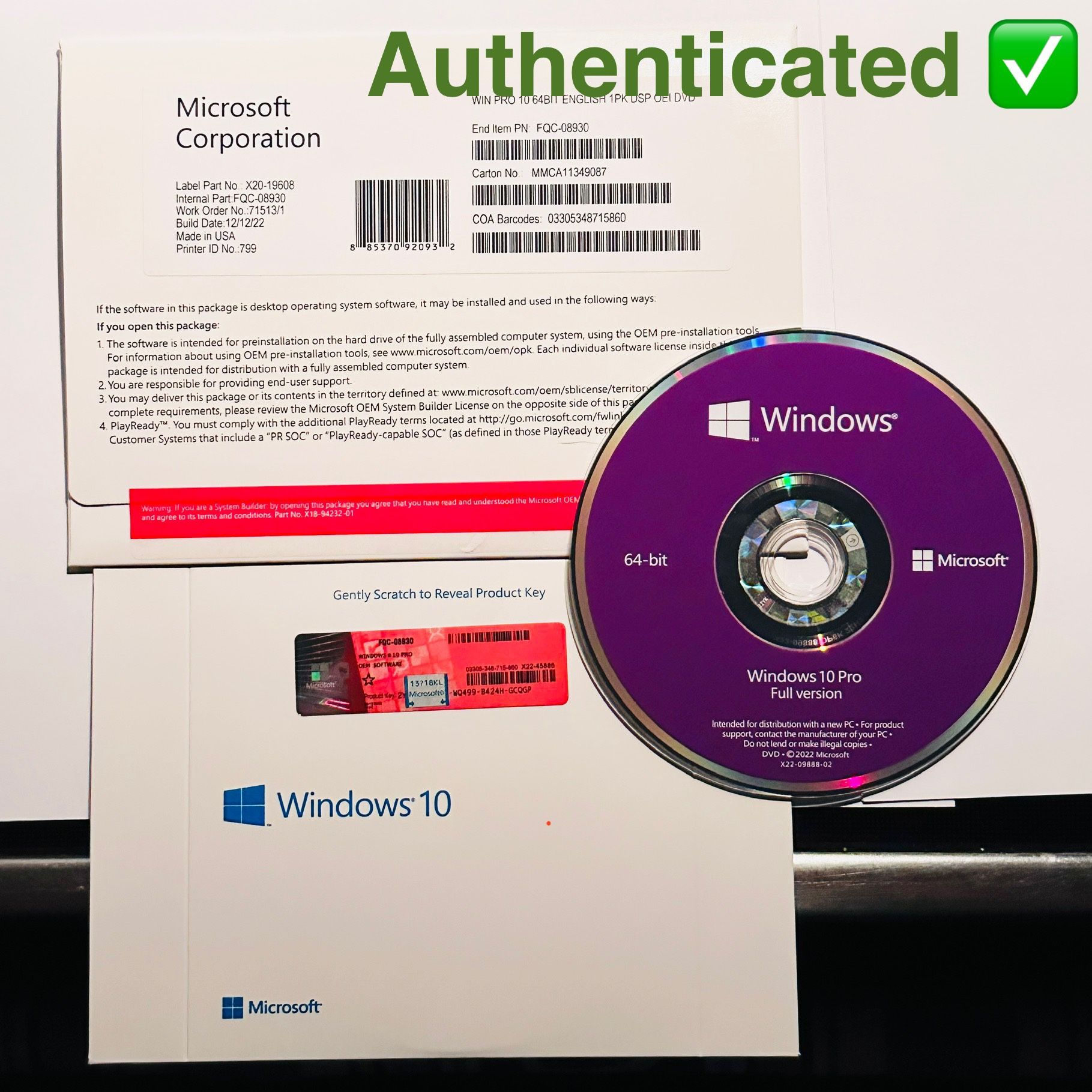 New Microsoft Windows 10 Professional OEM 64bit DVD with Authentic License Key