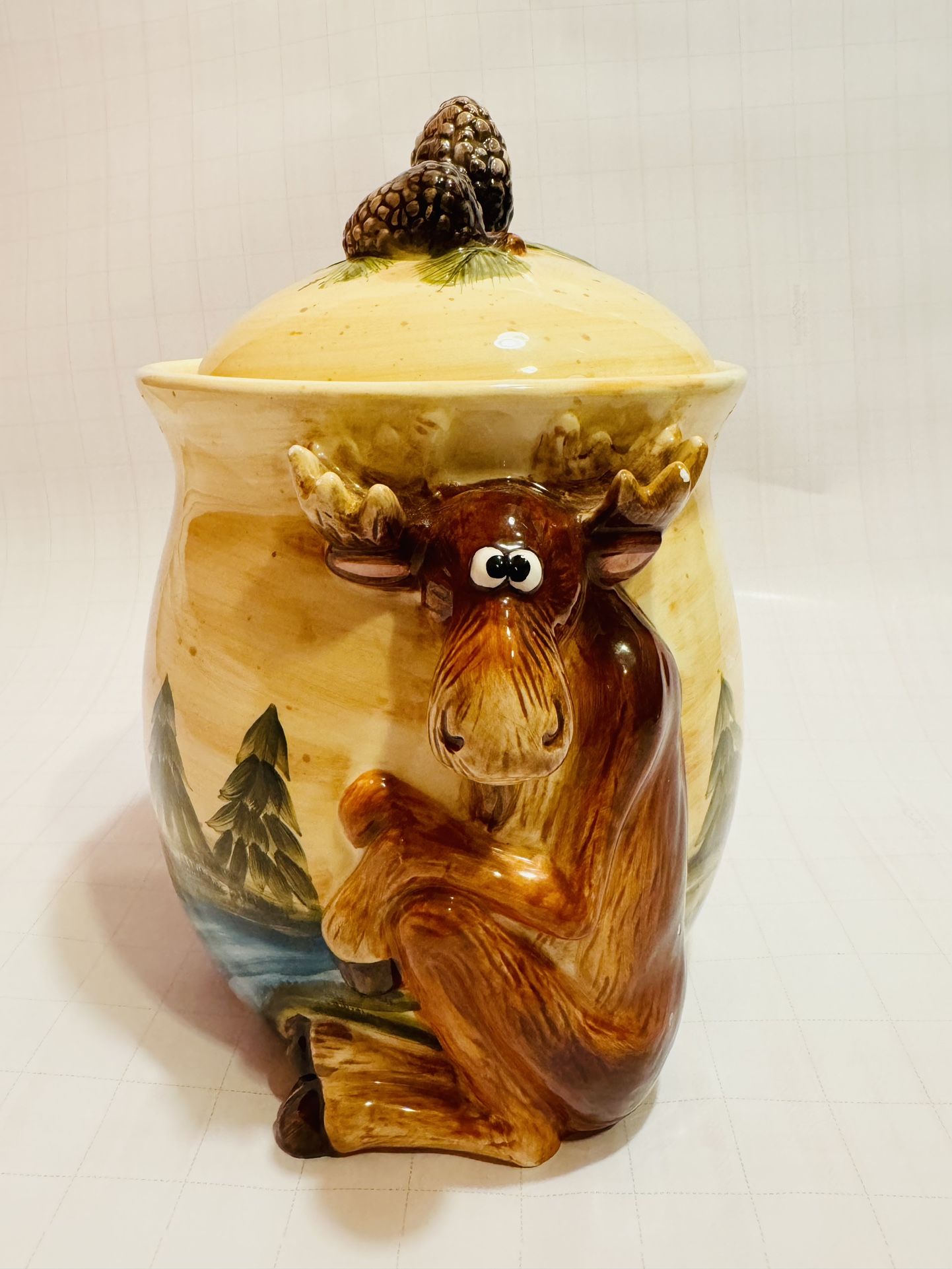 Moose Cookie Jar vintage With Pine Cone Lid And 3D Moose Bullwinkle Look Figure