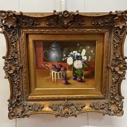 Ornate Gold Framed Oil Painting by P. Mozah 17.5”x15.5”