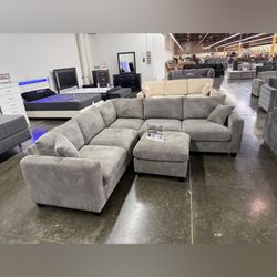 Gray Corduroy Sectional Sofa with Ottoman