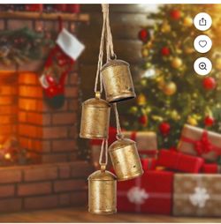 4Pcs Christmas Cow Bells, Large Vintage Gold Cowbells Decor with Jute Hanging Rope Decorative Bells for Home Door Knob Christmas Bell Garland Wreath