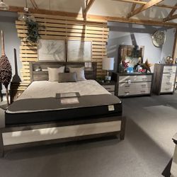 Beige/grey King Bed, Dresser, Mirror And One Nightstand