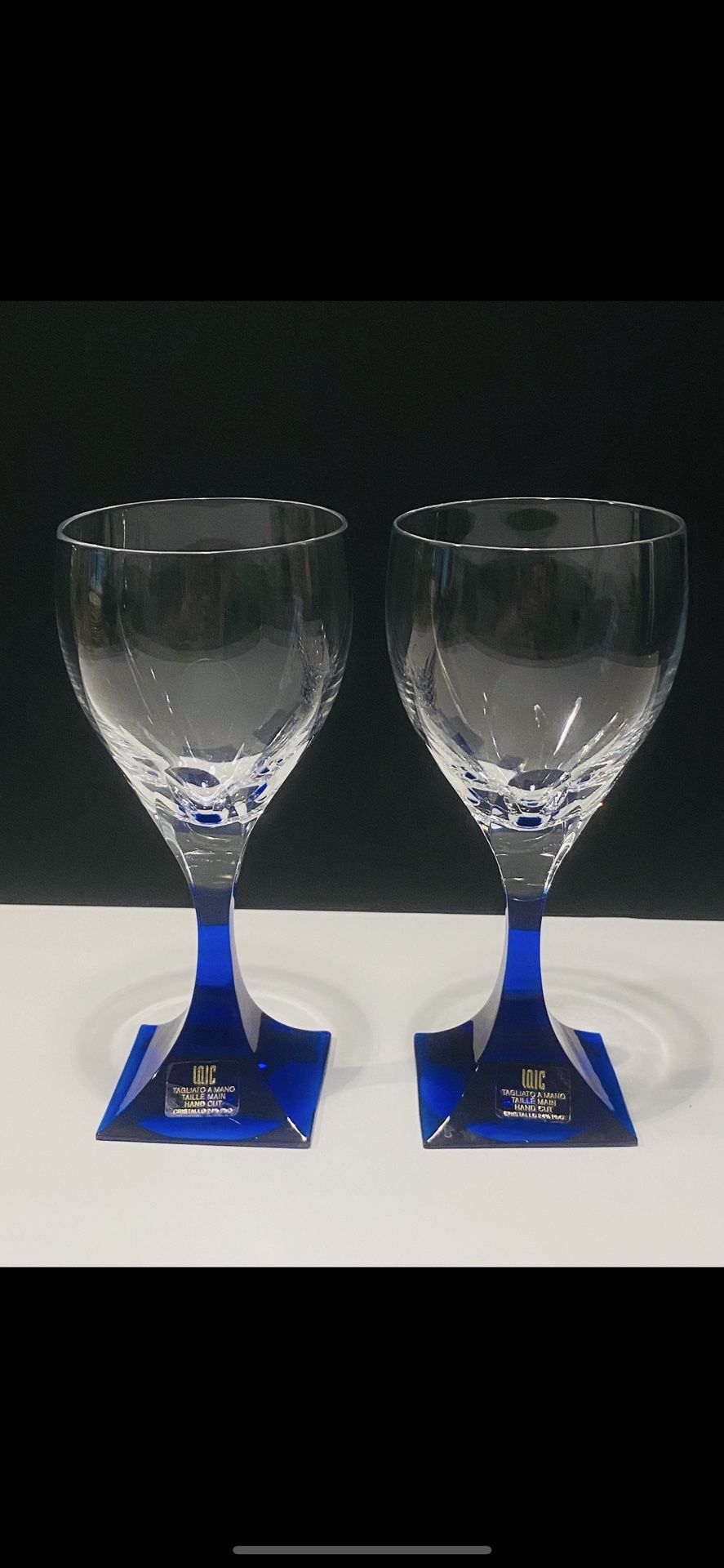 Vintage LAIC Hand Cut it Italy Cobalt Set of 2 Wine Glasses 6.25” Very Rare