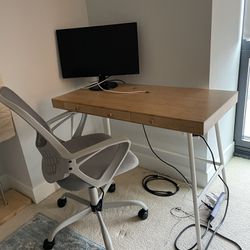 Complete Office Setup: Bamboo Desk With Drawers, Small Monitor And Office Chair