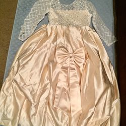 Flower Girl Dress Lace Long Sleeve Satin Kids Princess Puffy Ball Gown Size 6 Champagne Cream