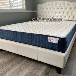 Queen White crystal button Bed With Ortho Mattress Included!!