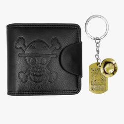 OP Bifold Wallet for Men, Straw Hat Luffy Skull Wallet and Keychain Anime Stylish Merch Gifts (Black 02