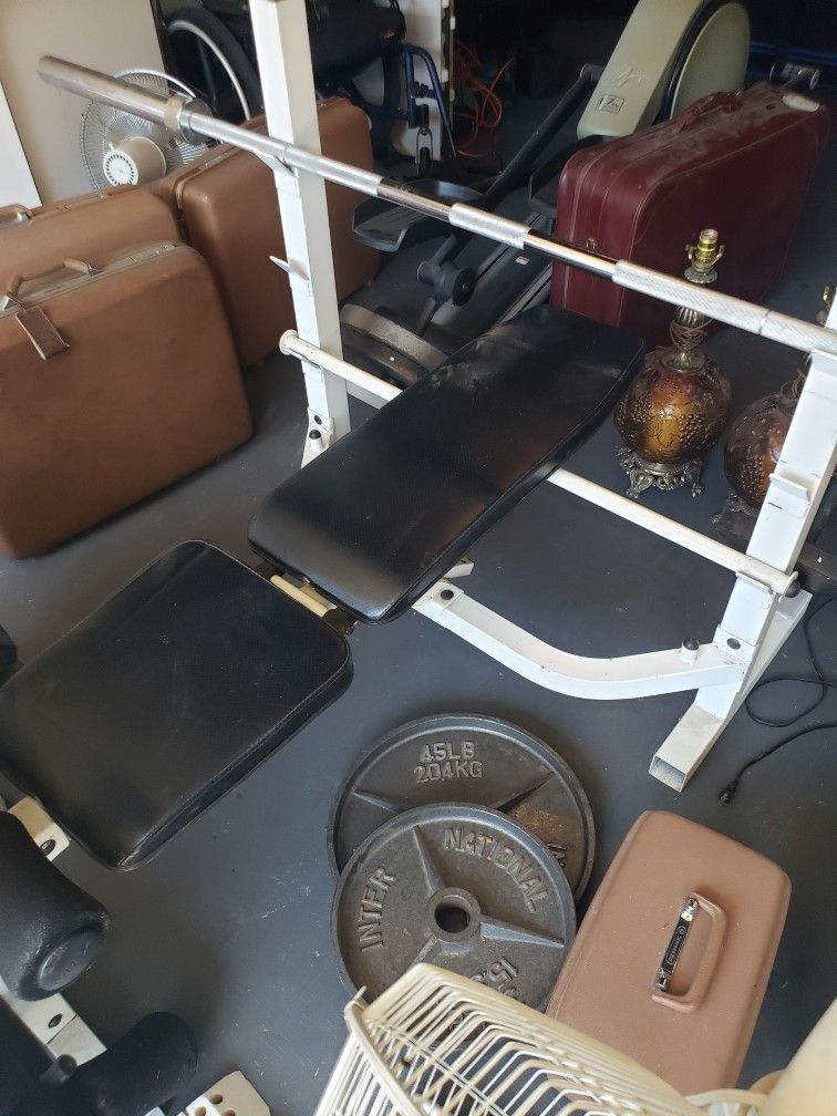 Weight bench with over 700lbs of plates and dumbbells. Charging $100 for bench and 80 cents per lb on weights.