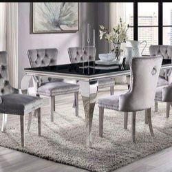 Brand New Black, Chrome & Grey 7pc Formal Dining Table Set