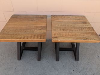 Pair of Wood Top End Tables with Metal Base
