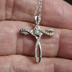"NEW " Diamond .25 CTW On Sterling Silver Cross Necklace Rhodium Plated With 18" Sterling Silver Chain 