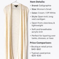 Calligraphie Women’s Small Cream Open Knit Crochet Long Vest Cardigan