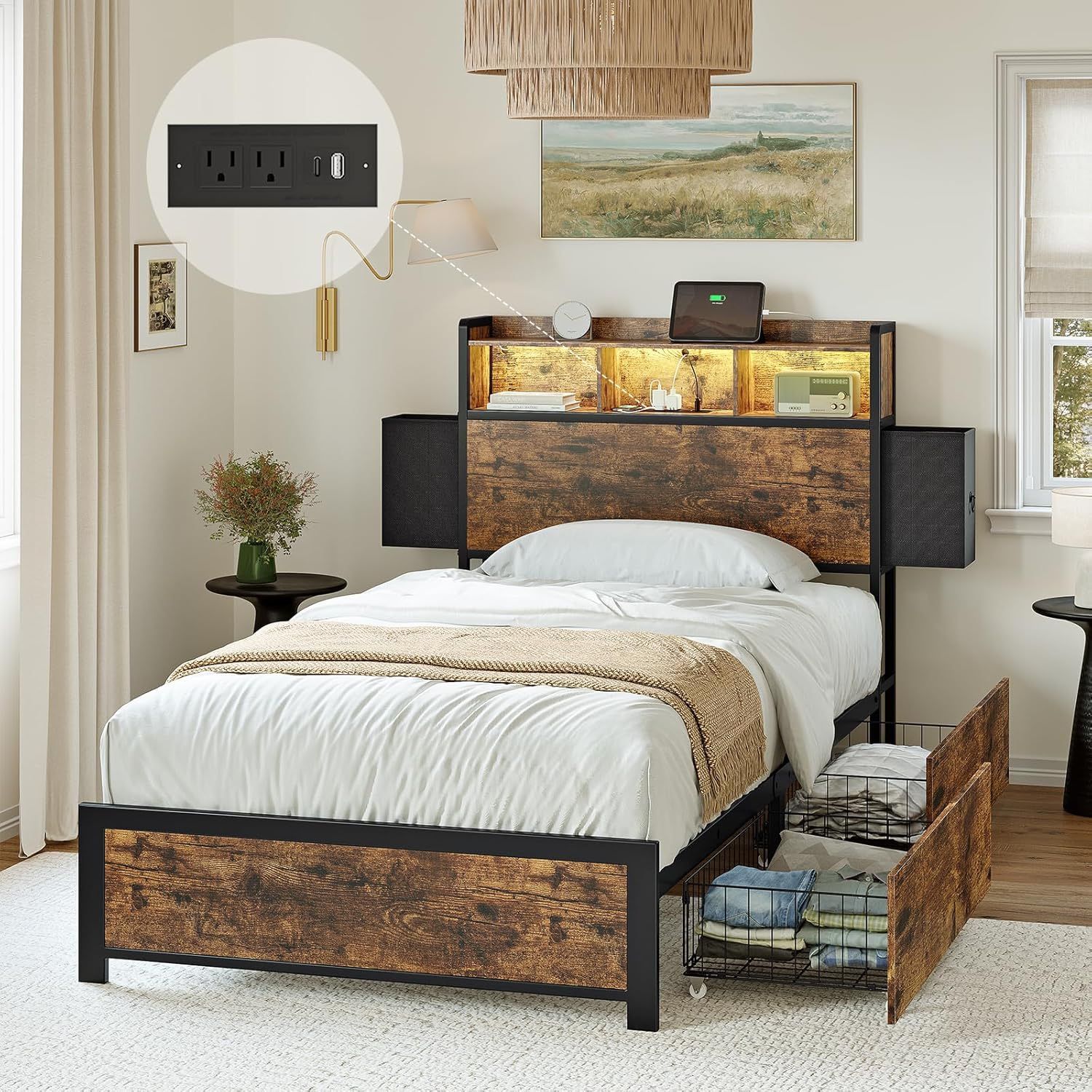 Twin Bed Frame with Bookcase Storage Headboard and 2 Drawers LED Lights Metal Platform Non-Slip Without Noise