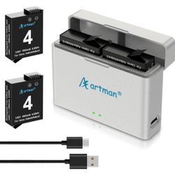 Artman Osmo Action 4/3 Battery 2-Pack with Dual USB Fast Charger Case Kit