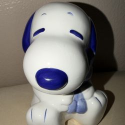 Rare Peanut BLU/WHT SNOOPY Hugging WOODSTOCK Friendship Ceramic Piggy Coin Bank