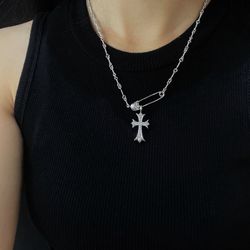 Chrome hearts silver-plated white gold inlaid stone pin double cross necklace