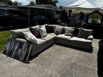 Large Gray Fabric Sectional Sofa with Pillows