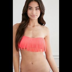 NWOT  Beautiful coral pink fringe bandeau boho bikini top For Sale !!!