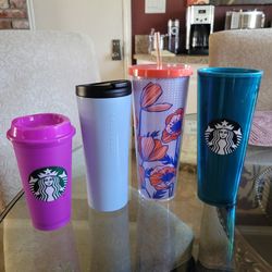 Starbucks Cup. 1 Metal Coffee Cup. 3 Plastic Tumblers. Excellent Condition. 2 New