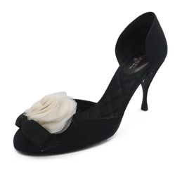 Chanel Black Silk White Camellia Heels sz 41