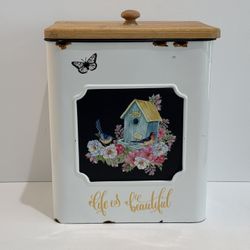 Farmhouse 12”H “Life is Beautiful” White Tin Food Storage w/Bird House 