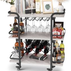 Jubao Bar Cart 3 Shelves with 8 Wine Racks & 4 Rows of Glass Holders, Light Grey Shelves & Double Curved Black Meta